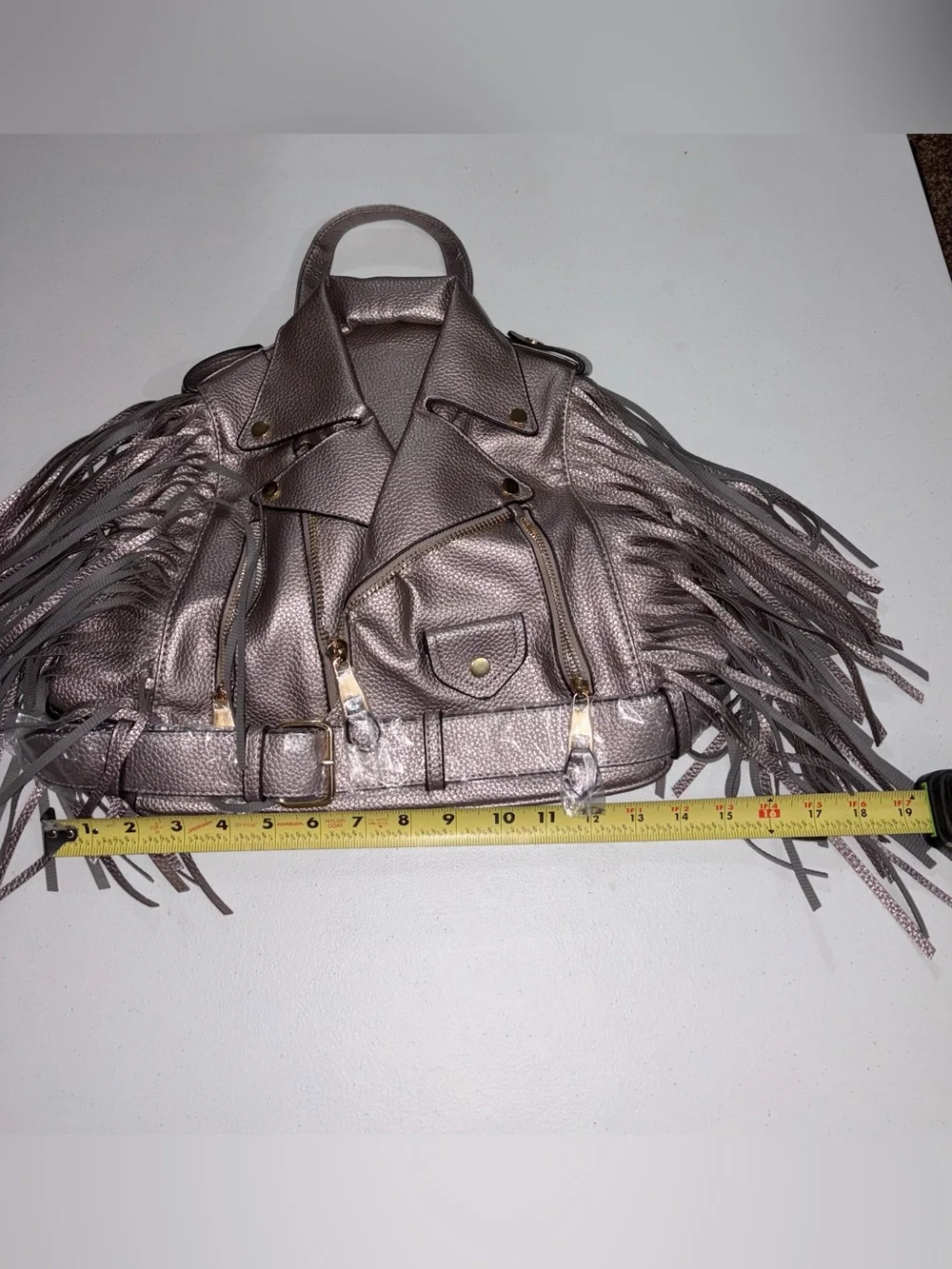 NWT Fringe Moto-Style Metallic Leather Backpack Purse